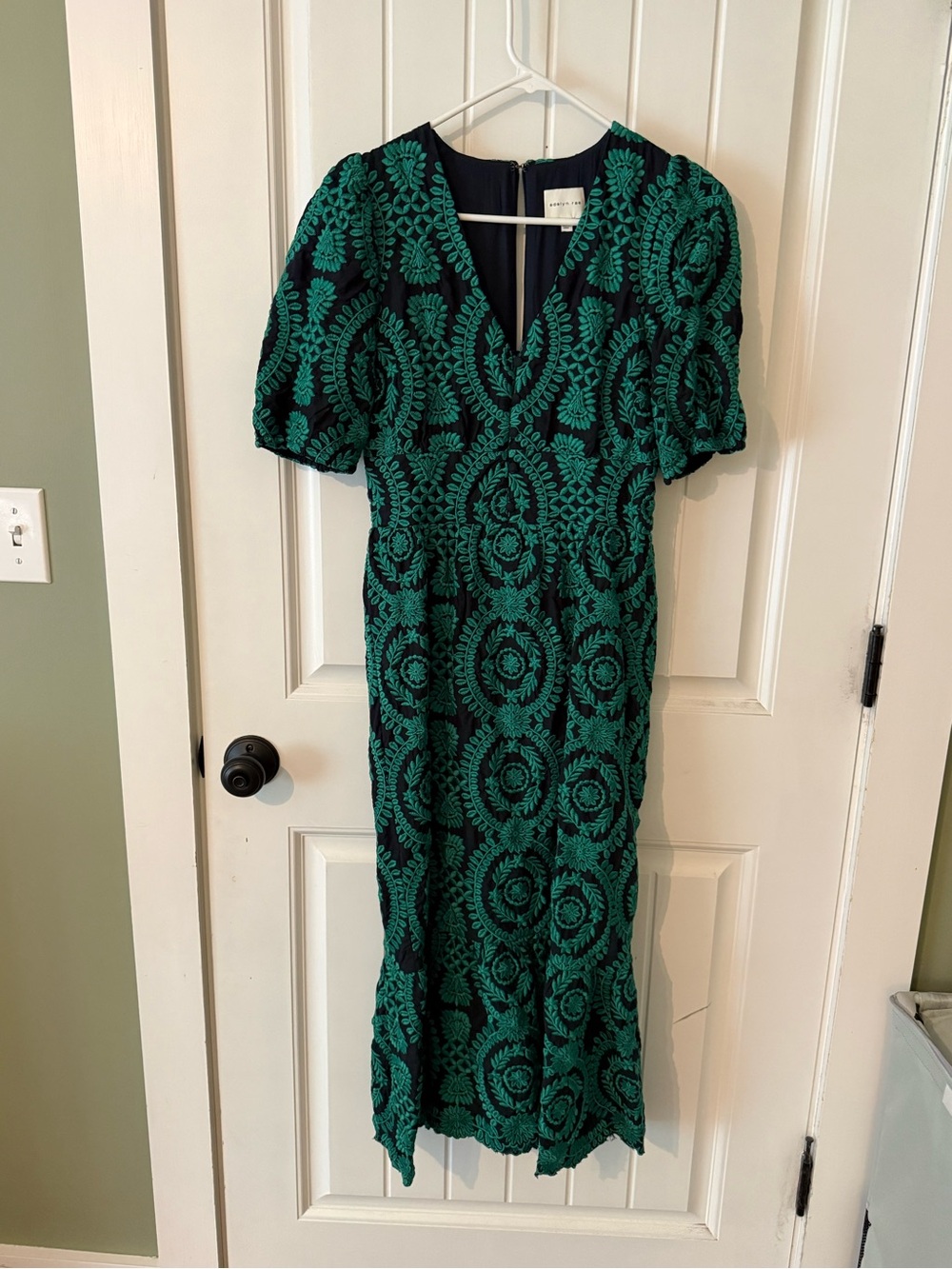 Adelyn Rae Emerald Lace Overlay Midi Dress with Puffed sleeves